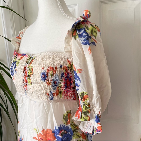 By Anthropologie Dress NWT Puff Sleeve Smocked MIDI Dress in White Floral Medium - Picture 9 of 16